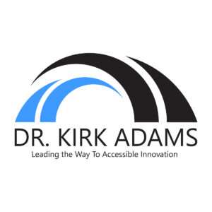 Logo has two waves of pointed curved lines in blue and black like waves crashing into each other. The words say Dr. Kirk Adams leading the way to accessible innovation.